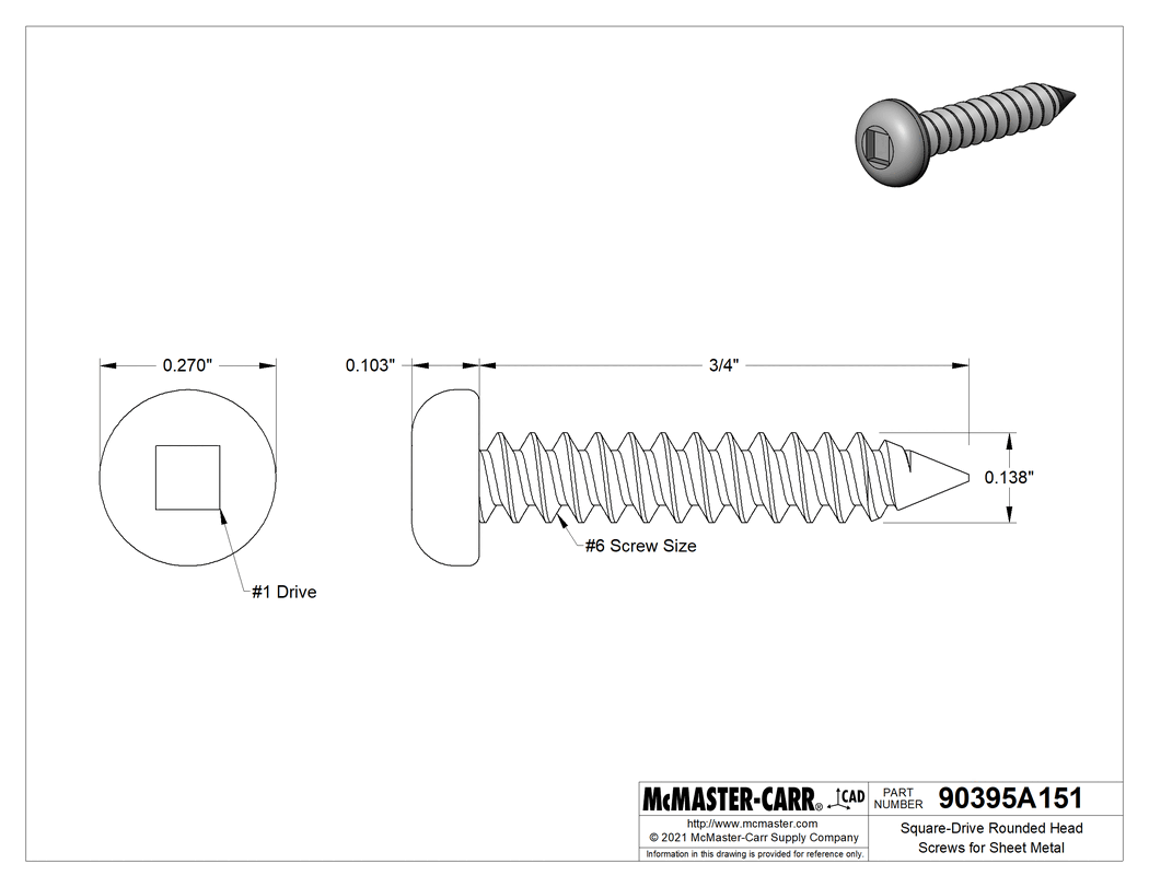 Technical Drawing of Square-Drive Rounded Head Screws for Sheet Metal, Zinc-Plated Steel, Number 6 Size, 3/4" Long.